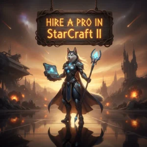 A fantasy game-inspired image featuring an anthropomorphic husky character in armor, themed around StarCraft II professional assistance.