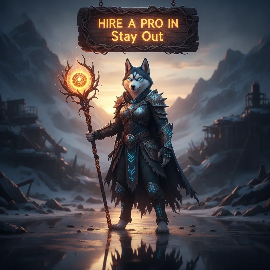 An anthropomorphic Husky in fantasy attire within a game-inspired setting, representing professional assistance content.