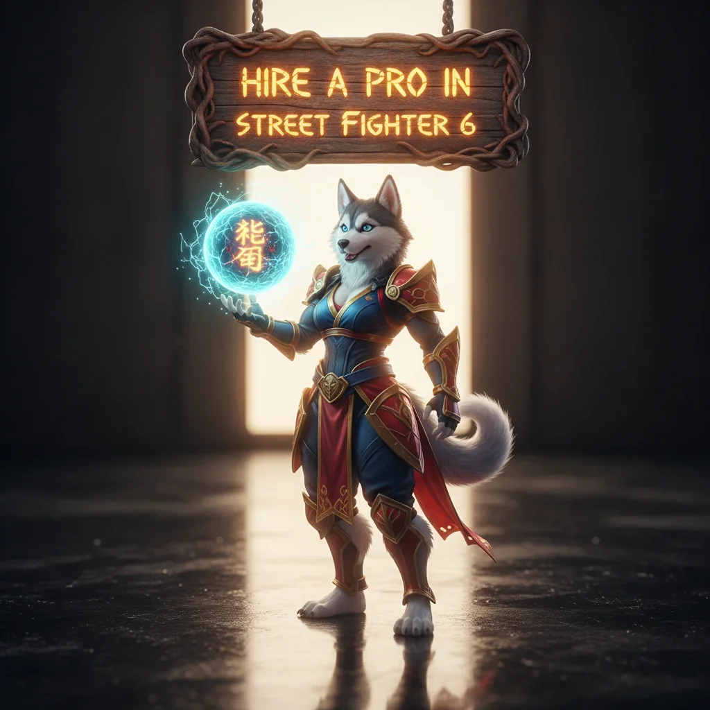 An anthropomorphic husky character in fantasy attire, inspired by the theme of professional play in Street Fighter 6.
