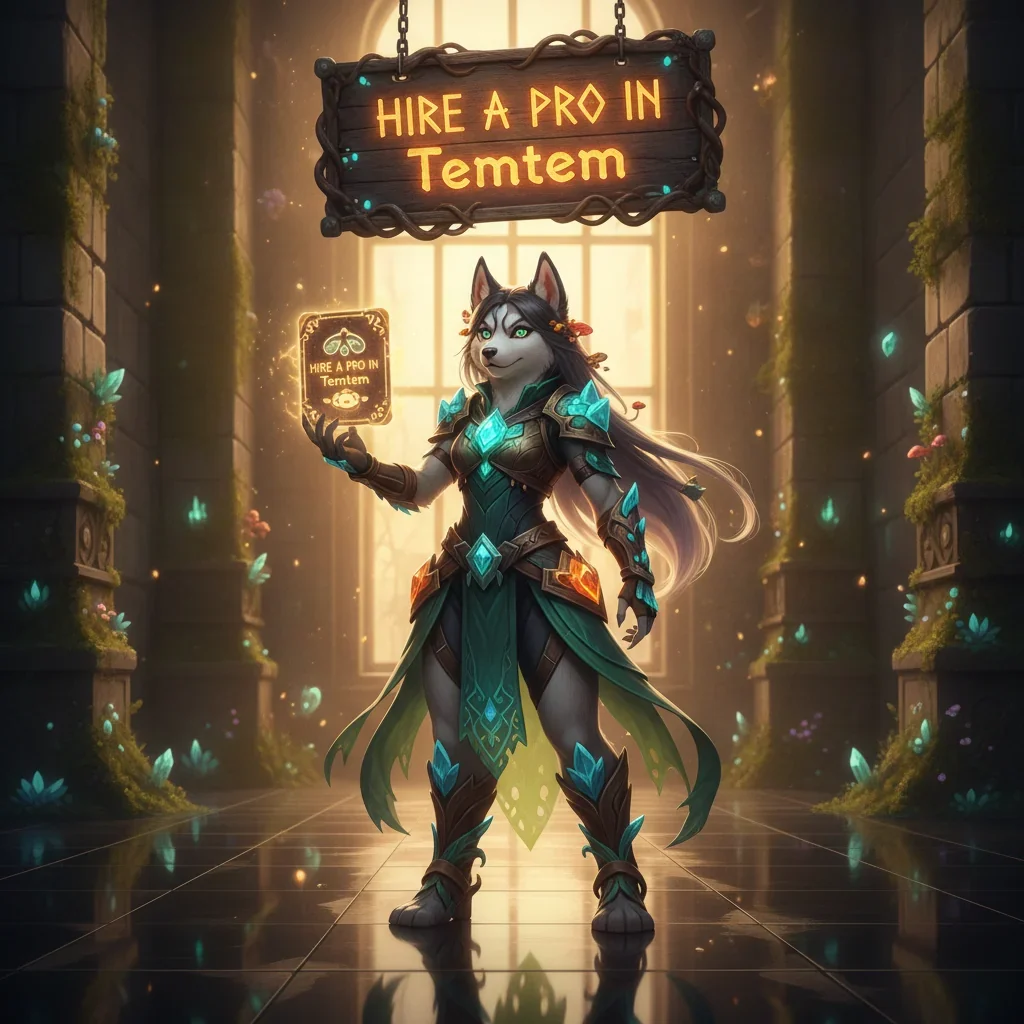 An anthropomorphic Husky character in fantasy attire, inspired by professional assistance in the game Temtem.
