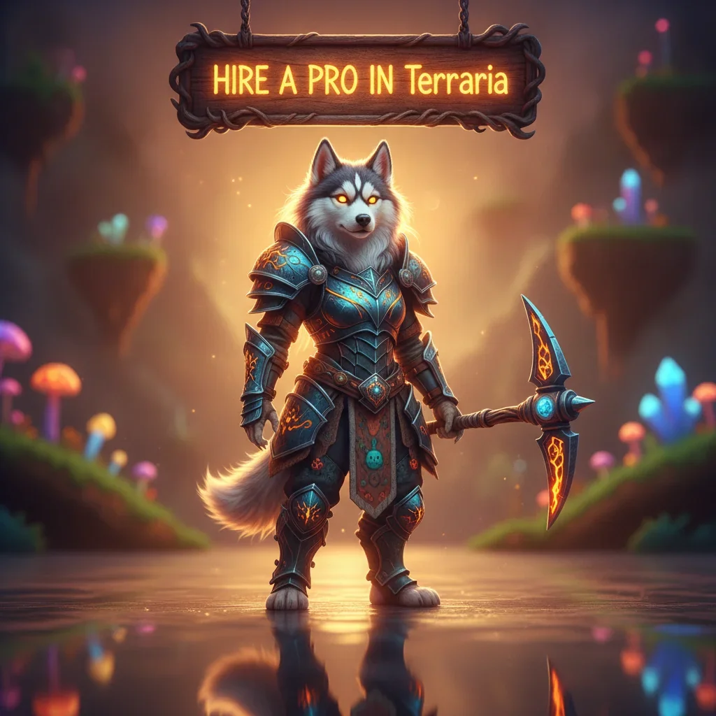 Anthropomorphic Husky character in fantasy armor amidst a game-inspired environment, representing Terraria content.
