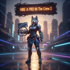 Anthropomorphic husky character in fantasy attire, themed around acquiring a professional in a racing game.