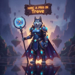 Artwork featuring an anthropomorphic Husky character in fantasy armor, representing services for the game Trove.