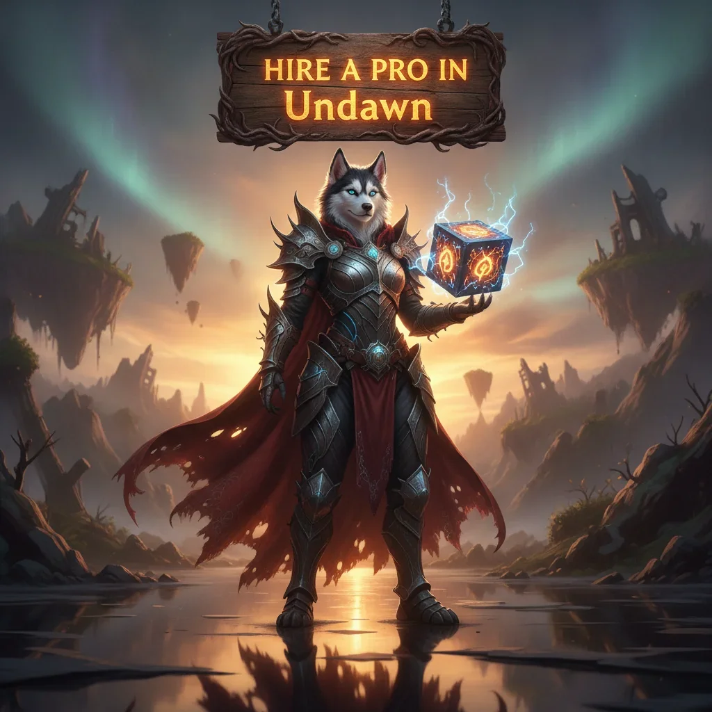 An anthropomorphic Husky character in fantasy armor, representing the theme of hiring a pro in a game.