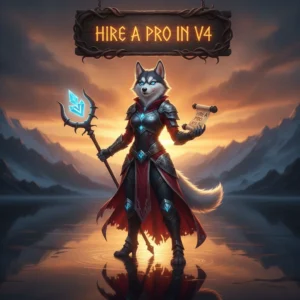 An anthropomorphic Husky character in fantasy armor, representing the theme of hiring a pro in V4. The artwork is inspired by V4 online game content.