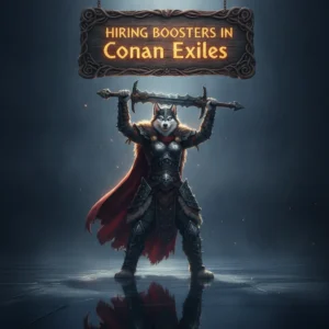 A fantasy game-inspired image featuring an anthropomorphic Husky character in armor, surrounded by elements reflecting Conan Exiles themes.
