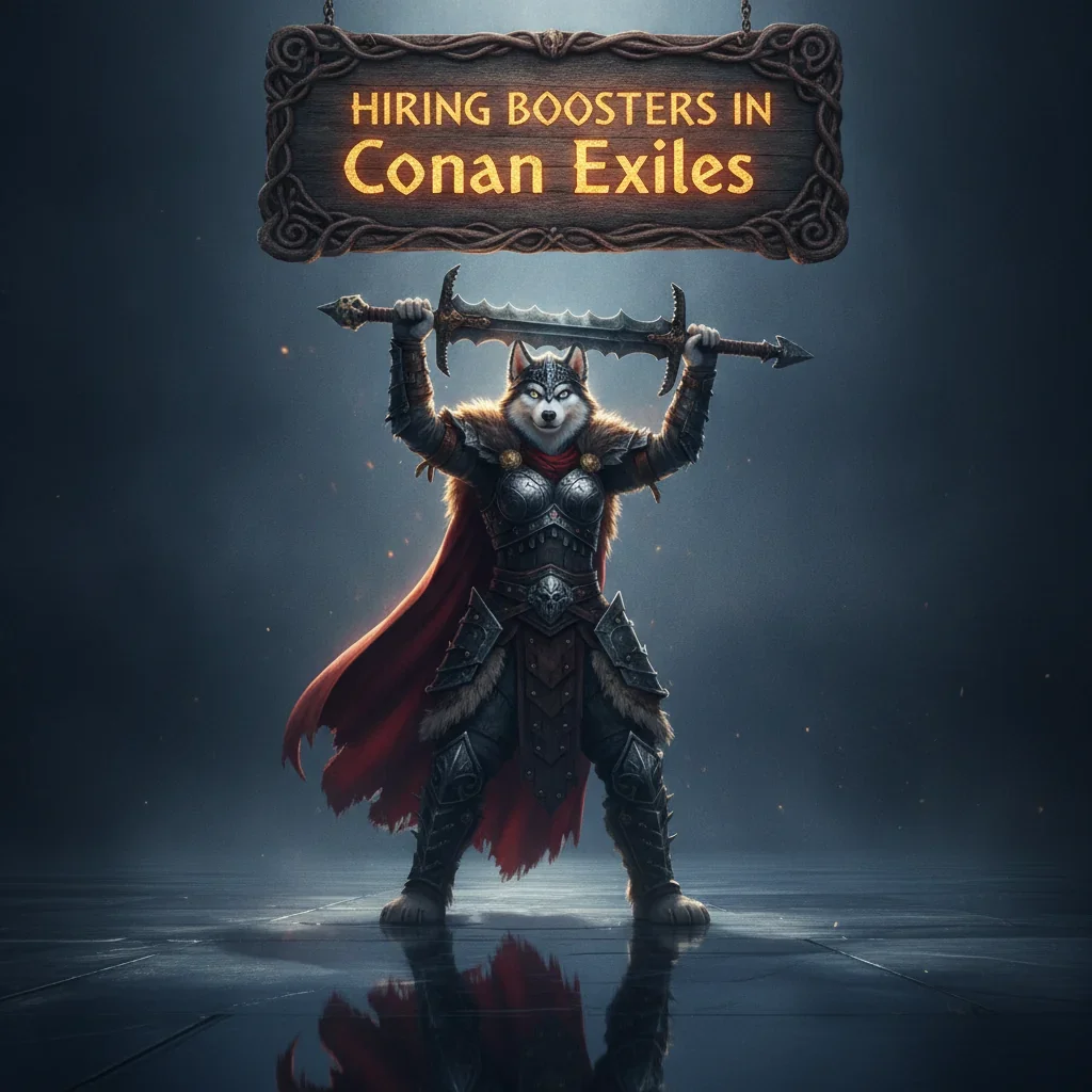 A fantasy game-inspired image featuring an anthropomorphic Husky character in armor, surrounded by elements reflecting Conan Exiles themes.