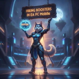 An anthropomorphic Husky character in fantasy attire, surrounded by mystical energy, representing EA FC Mobile content.