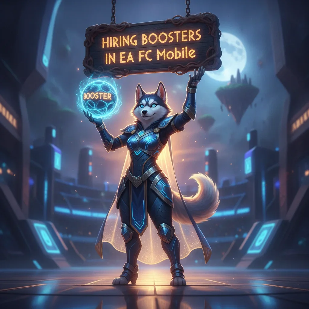 An anthropomorphic Husky character in fantasy attire, surrounded by mystical energy, representing EA FC Mobile content.