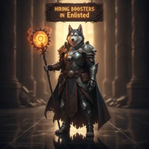 An anthropomorphic husky in fantasy attire, against a backdrop of war-torn structures, representing the theme of Enlisted game progression.