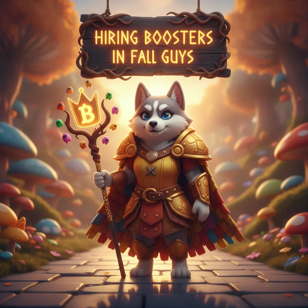 Fantasy artwork featuring an anthropomorphic Husky character themed around Fall Guys game objectives and content.