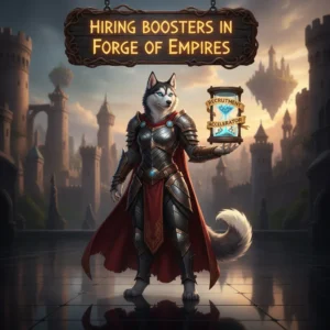 Fantasy artwork of an anthropomorphic husky character in an ancient city, themed around hiring boosters in Forge of Empires.