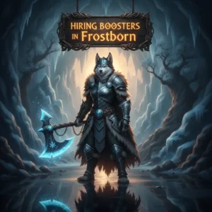 An anthropomorphic Husky character in fantasy armor, representing progression in Frostborn.