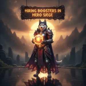 Artwork with an anthropomorphic husky, representing Hero Siege services. The husky is standing in a fantasy game environment.