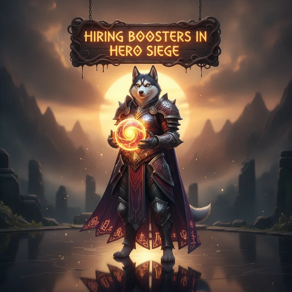 Artwork with an anthropomorphic husky, representing Hero Siege services. The husky is standing in a fantasy game environment.