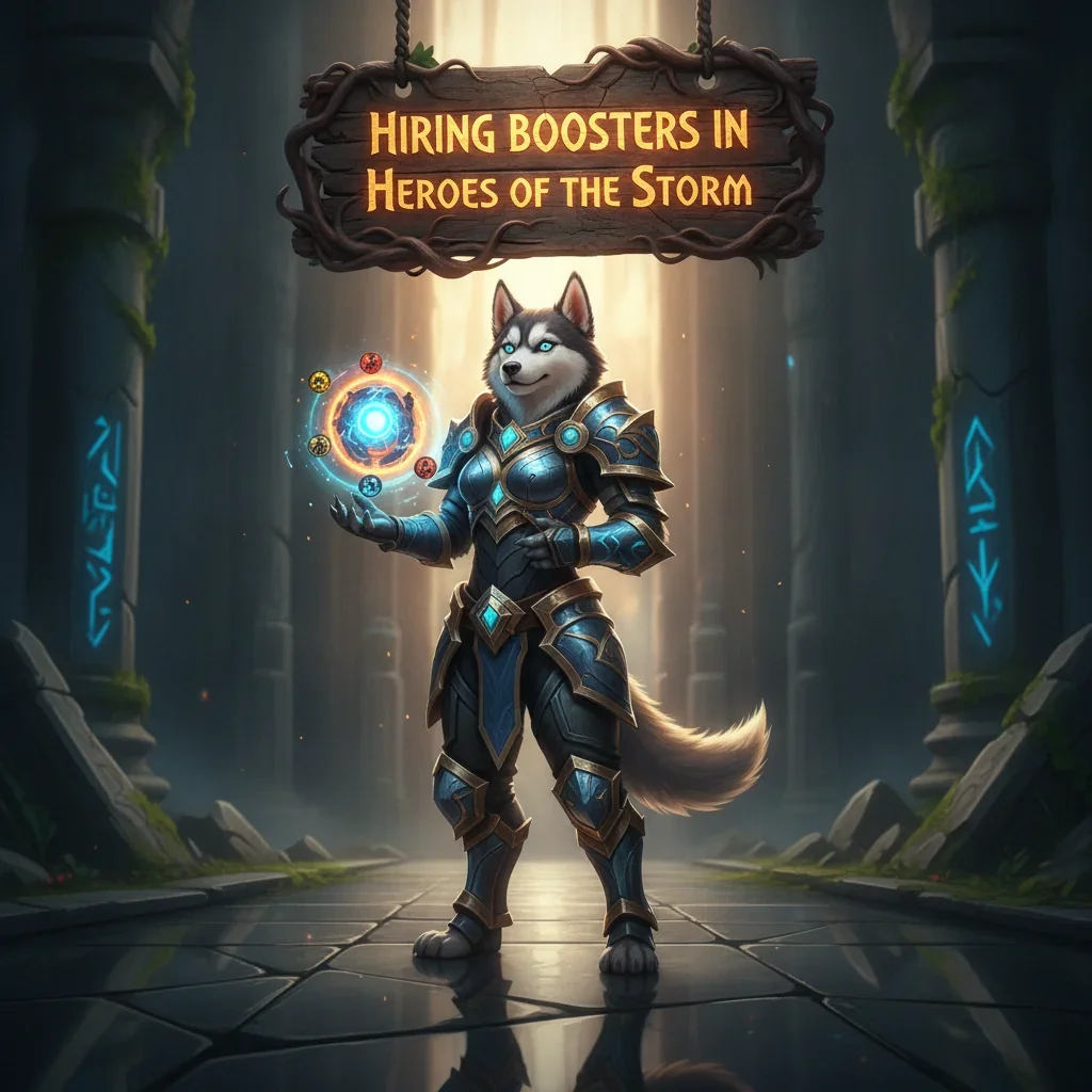 Fantasy game-inspired artwork featuring an anthropomorphic Husky character, themed around Heroes of the Storm objectives.