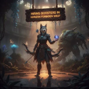 An anthropomorphic Husky character in fantasy armor, in artwork themed around Horizon Forbidden West content and objectives.