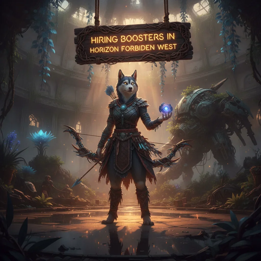 An anthropomorphic Husky character in fantasy armor, in artwork themed around Horizon Forbidden West content and objectives.