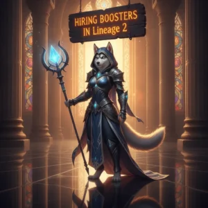 An anthropomorphic Husky character in fantasy armor stands in a game-inspired environment, representing Lineage 2 content.