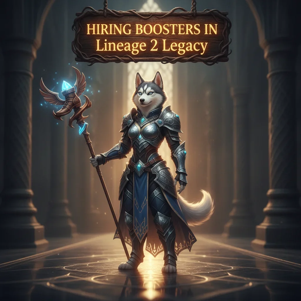 Fantasy artwork of an anthropomorphic husky character in a game-inspired environment, representing content related to hiring boosters.