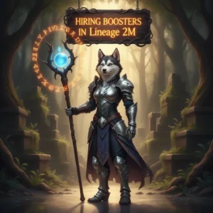 An anthropomorphic Husky character in fantasy armor, representing the theme of hiring boosters in Lineage 2M.