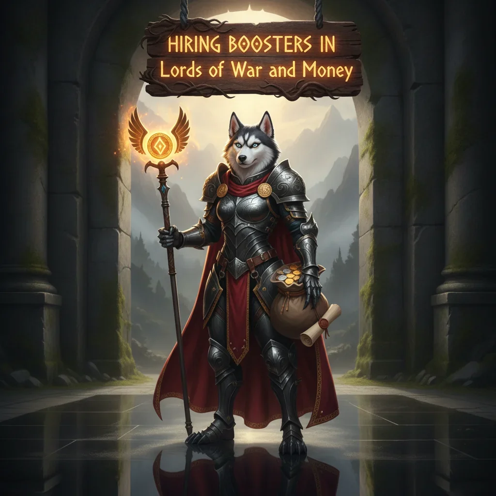 A fantasy game-inspired artwork featuring an anthropomorphic Husky character, themed around hiring boosters in Lords of War and Money.