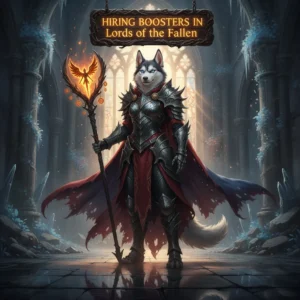 Fantasy game-inspired artwork featuring an anthropomorphic Husky character in medieval armor, standing in a dark, ruined environment.