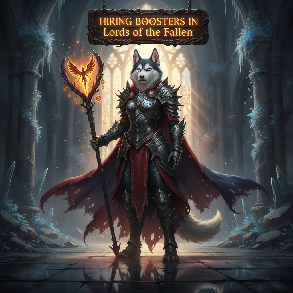 Fantasy game-inspired artwork featuring an anthropomorphic Husky character in medieval armor, standing in a dark, ruined environment.