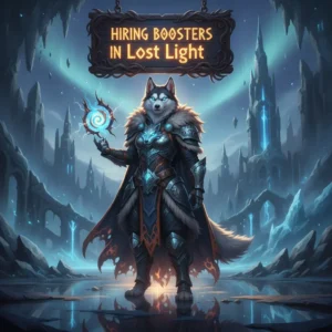 Fantasy game-inspired artwork featuring an anthropomorphic husky character in armor, themed around Lost Light game content and objectives.