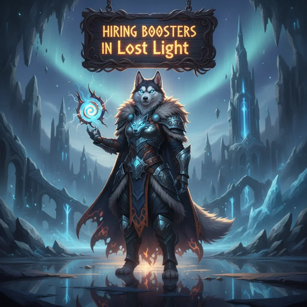 Fantasy game-inspired artwork featuring an anthropomorphic husky character in armor, themed around Lost Light game content and objectives.