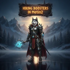 An anthropomorphic Husky character in fantasy armor, inspired by Metin2 content and boosting services.