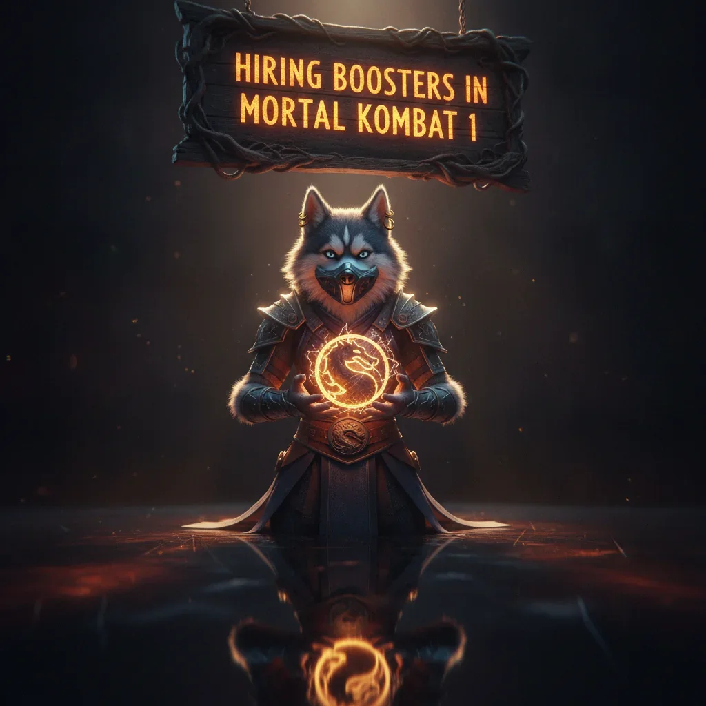 A fantasy artwork featuring an anthropomorphic Husky character, themed around Mortal Kombat 1 game content and objectives.