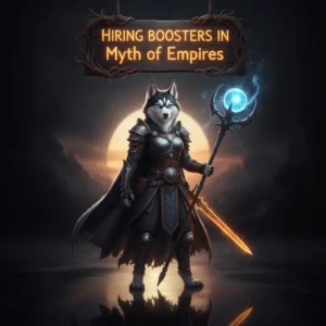 Fantasy artwork of an anthropomorphic husky in armor, themed around Myth of Empires game content.
