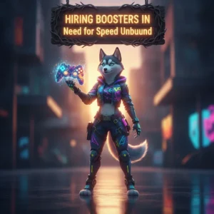 An anthropomorphic husky character in a racing suit, standing next to a stylized, futuristic race car, representing Need for Speed Unbound challenges.