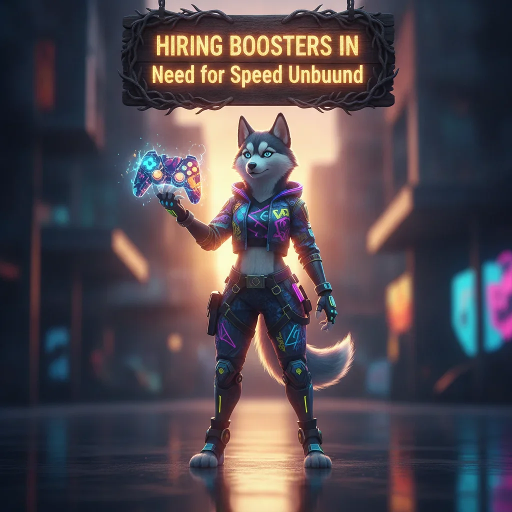 An anthropomorphic husky character in a racing suit, standing next to a stylized, futuristic race car, representing Need for Speed Unbound challenges.