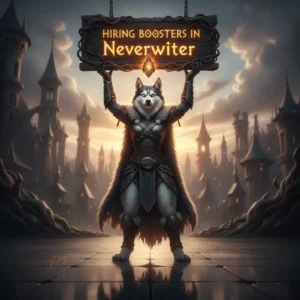 An anthropomorphic Husky character in fantasy armor, representing Neverwinter game content and objectives.