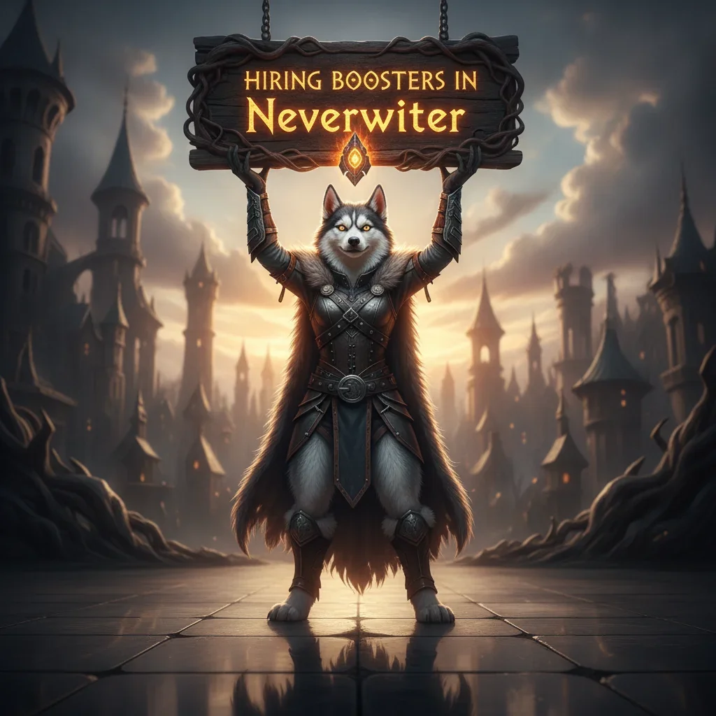 An anthropomorphic Husky character in fantasy armor, representing Neverwinter game content and objectives.