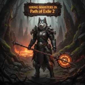 Fantasy artwork of an anthropomorphic husky character in an armored robe, set in a dark, game-inspired environment, themed around hiring boosters in Path of Exile 2.