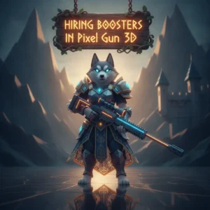 An anthropomorphic Husky in fantasy armor, representing Pixel Gun 3D boosting services and in-game progression systems.
