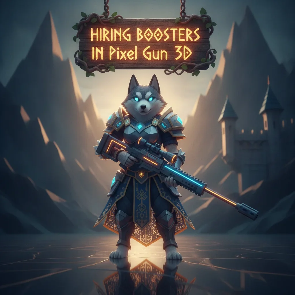 An anthropomorphic Husky in fantasy armor, representing Pixel Gun 3D boosting services and in-game progression systems.