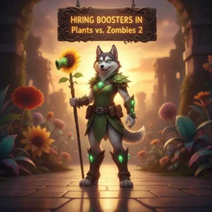 An anthropomorphic Husky character in a fantasy game setting, themed around 'Hiring Boosters in Plants vs. Zombies 2' content and objectives.