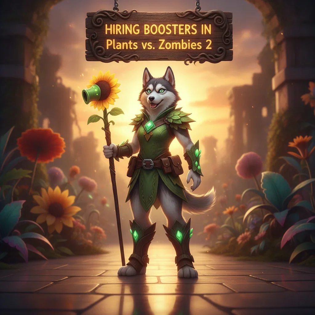 An anthropomorphic Husky character in a fantasy game setting, themed around 'Hiring Boosters in Plants vs. Zombies 2' content and objectives.