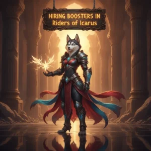 Fantasy game-inspired artwork with an anthropomorphic husky hero ready for action in a world of flying mounts and epic battles.