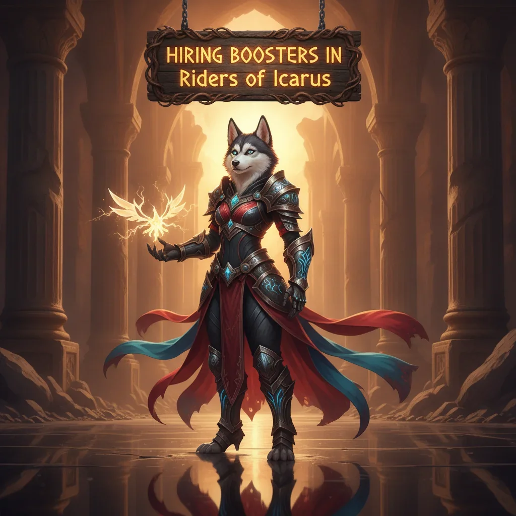 Fantasy game-inspired artwork with an anthropomorphic husky hero ready for action in a world of flying mounts and epic battles.