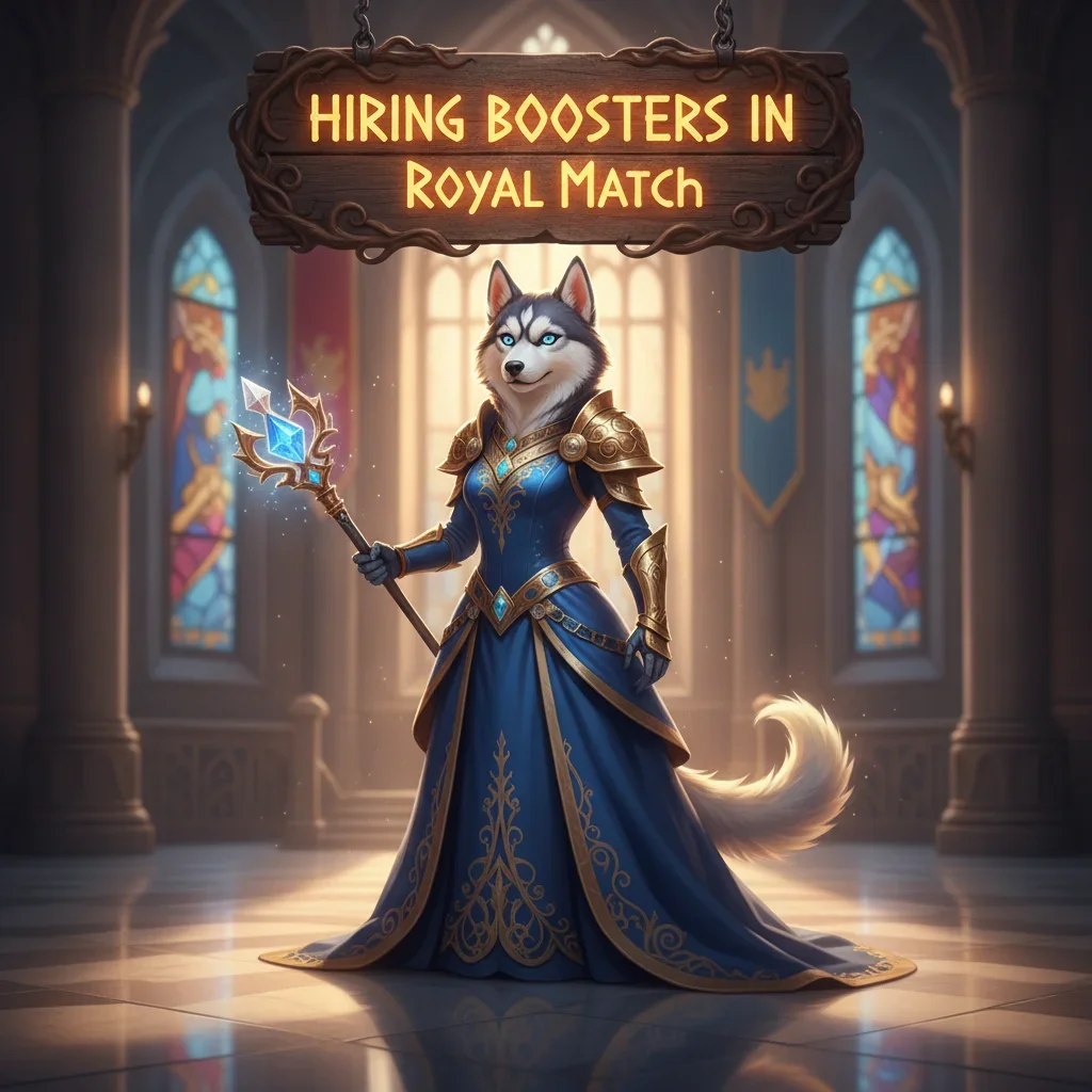 A fantasy game-inspired artwork featuring an anthropomorphic Husky character in a royal-themed outfit, representing Royal Match game content.