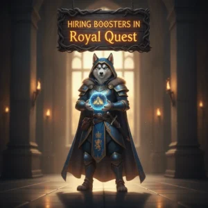 An anthropomorphic Husky character in fantasy armor, themed around Royal Quest game content and objectives.