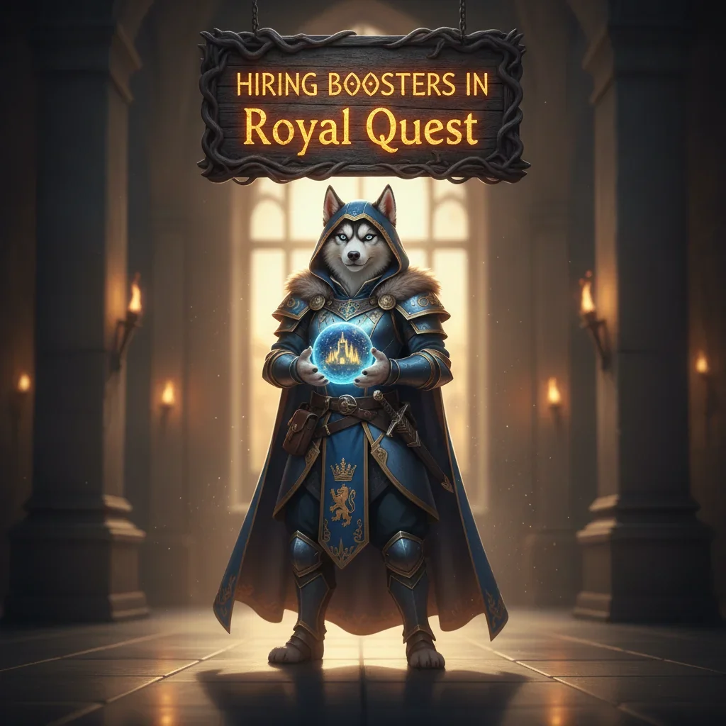 An anthropomorphic Husky character in fantasy armor, themed around Royal Quest game content and objectives.