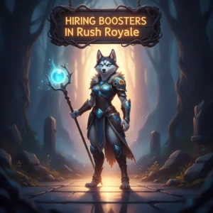 Fantasy artwork of an anthropomorphic husky character representing game content related to hiring boosters in Rush Royale.