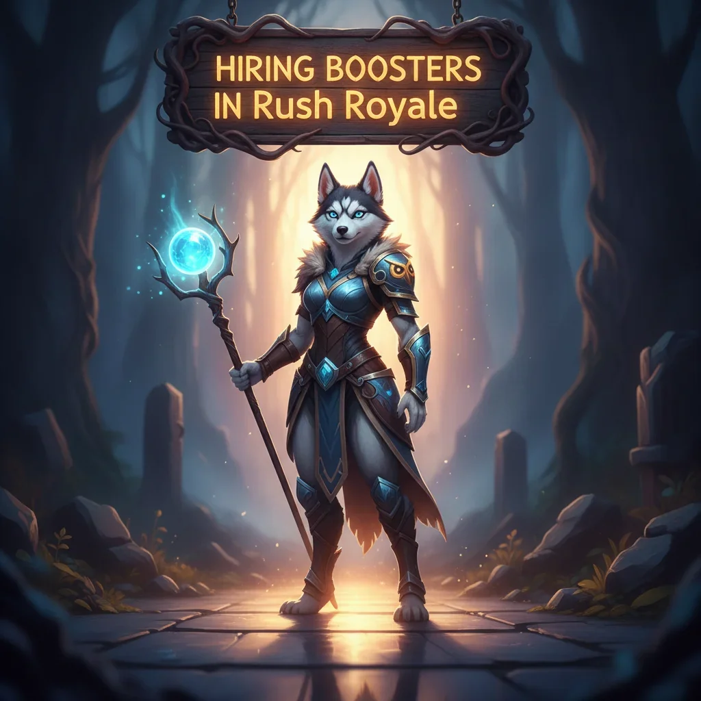 Fantasy artwork of an anthropomorphic husky character representing game content related to hiring boosters in Rush Royale.