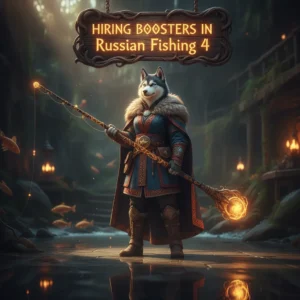 Fantasy game-inspired artwork featuring an anthropomorphic husky character, themed around fishing activities and progression in Russian Fishing 4.